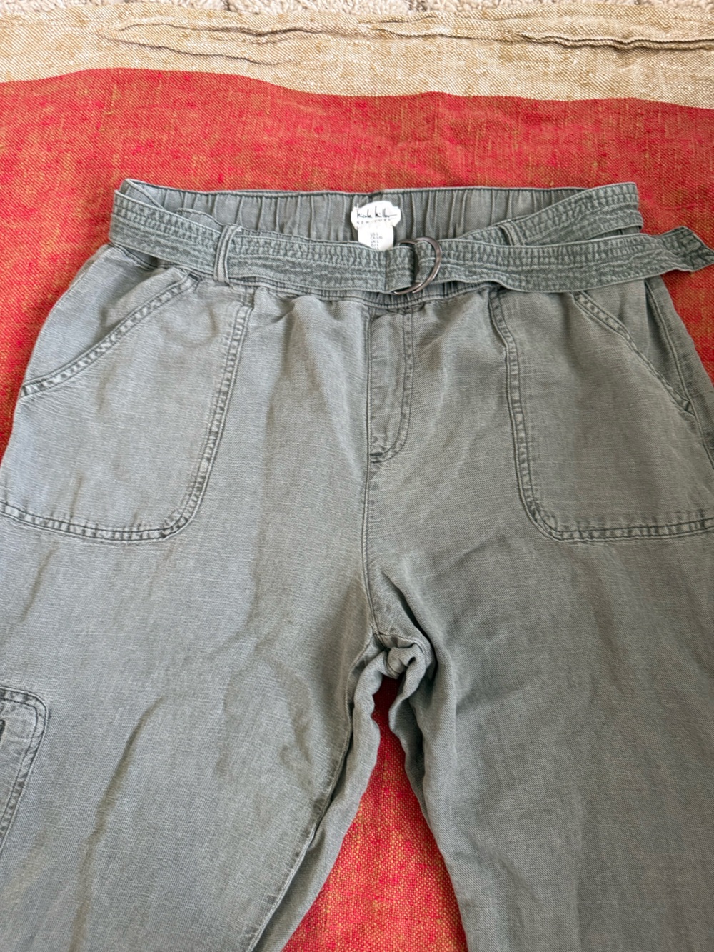 Nicole Miller Olive Green Linen Blend Women’s Belted Cargo Pants, size L, EUC! - Picture 2 of 12